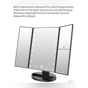 Make Up Mirror LED Magnifying USB Battery Weily Lighted Tri-Fold Adjustable Blk